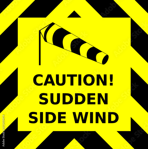 Black and yellow chevron vector graphic of a wind sock blowing sideways and a warning of sudden side wind