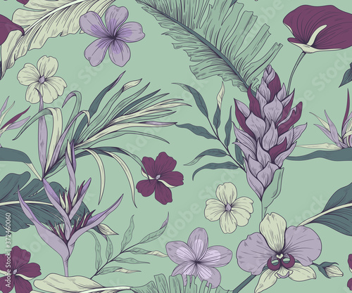Seamless pattern with trendy exotic flowers and leaves 