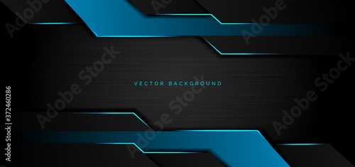Abstract template geometric blue metallic overlap with blue light modern technology style on black metal background and texture.