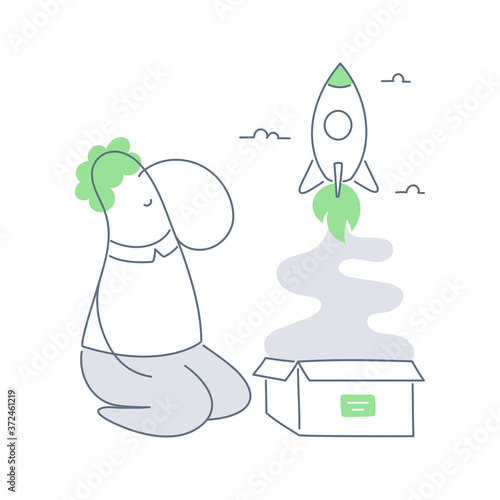 Rocket launch, starting a startup. Cute cartoon businessman sitting near the open box, the rocket takes off. Entrepreneur concept. Flat line vector illustration on white.