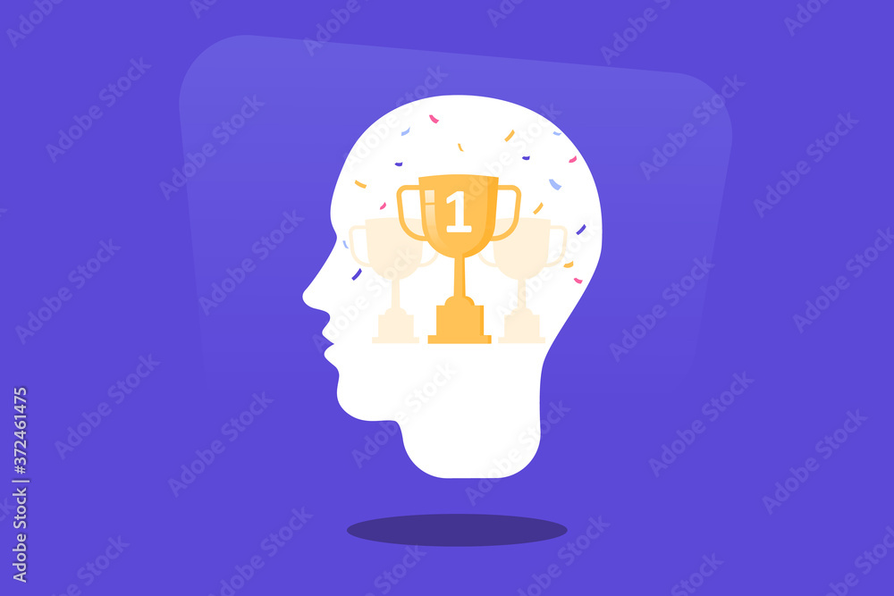 Human heads silhouette with golden winner trophy. Goal achievement, first place prize, competition winner. Success and victory concept. Modern flat vector illustration Human heads silhouette with golden winner trophy. Goal achievement, first place prize, competition winner. Success and victory concept. Modern flat vector illustration