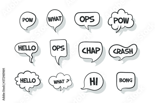 Speech bubbles sketch Comic speech bubbles set. Vector illustration of chat word bubbles, hand drawn cloud, banner in comic style isolated on background. Abstract concept graphic element of chat text