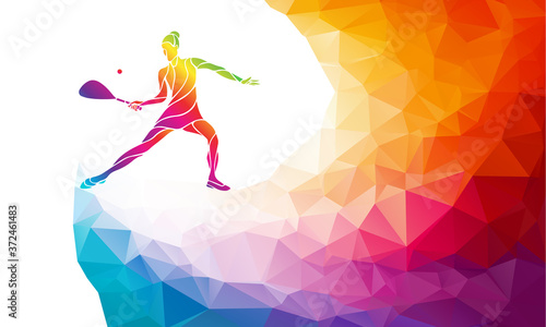 Creative silhouette of female squash player. Racquet sport vector illustration or banner template in trendy abstract colorful polygon style with rainbow back photo