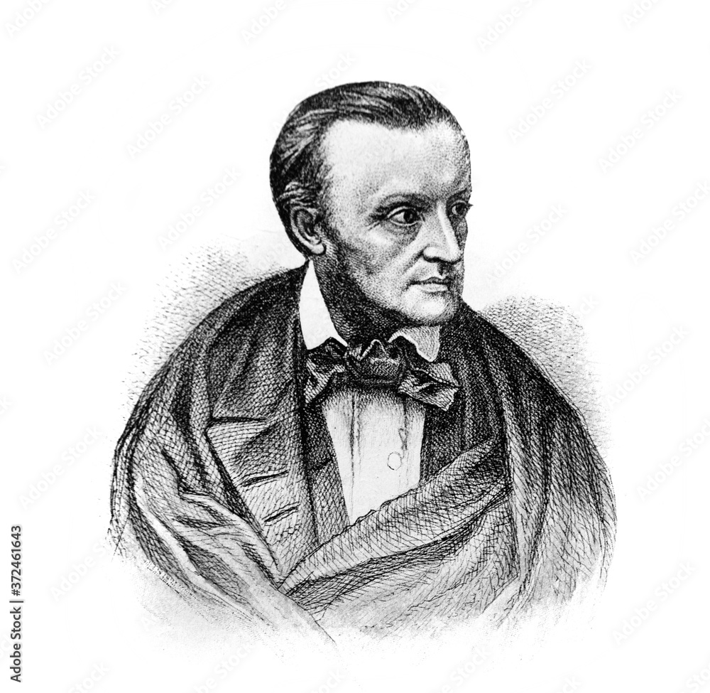 Richard Wagner, was a German composer in the old book Biographies of famous composers by A. Ilinskiy, Moscow, 1904 - obrazy, fototapety, plakaty 