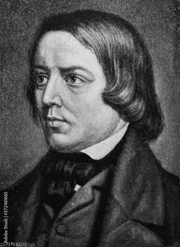 Robert Schumann, was a German composer, pianist, and influential music critic in the old book Biographies of famous composers by A. Ilinskiy, Moscow, 1904 photo