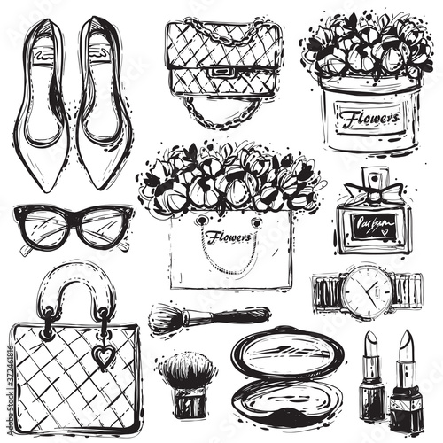 Fashion makeup accessories. Coloring book elements, hand drawn black and white: graphic shoes, bag, makeup brush, lipstick, powder, wrist watch, perfume, flower box, eye glasses, flowers.