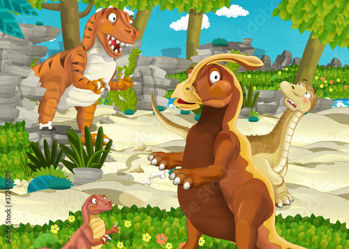 Fototapeta Naklejka Na Ścianę i Meble -  cartoon scene with dinosaur apatosaurus diplodocus running away from some other dinosaur tyrannosaurus in the jungle - illustration for children