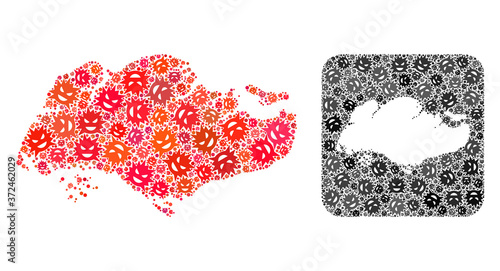 Evil virus map of Singapore collage formed with rounded square and stencil. Vector map of Singapore collage of evil virus ojects in different sizes and color tones. Created for geographic promotion.
