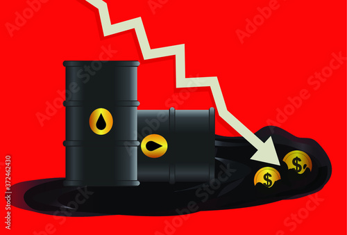 dollar, crude oil price down concept, oil leaked from barrel with down arrow. red background, illustration, dollar coins in crude oil, dollar value down fall concept