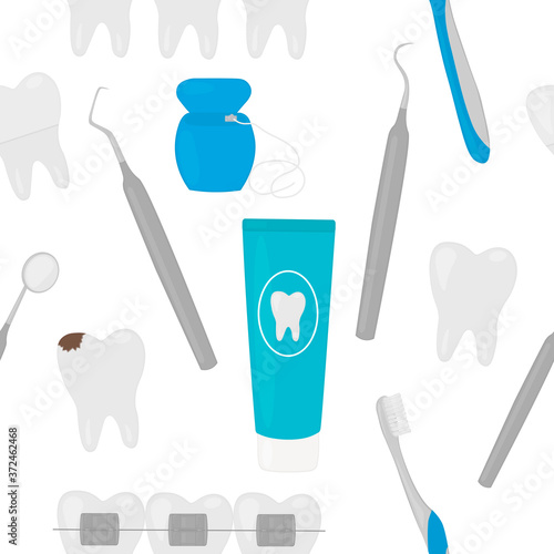 Seamless pattern dental treatment denture crown braces dentistry vector illustration