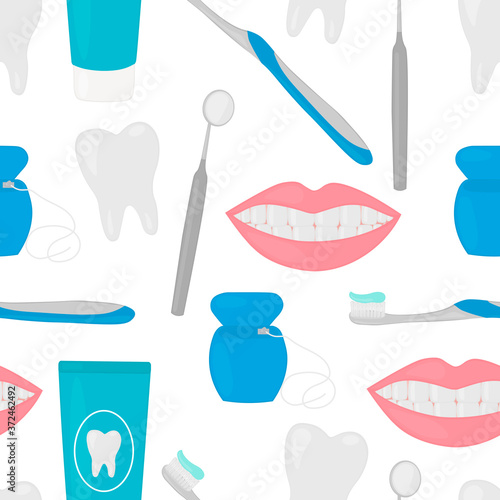 Seamless pattern oral cavity treatment brushing teeth toothpaste toothbrush dental floss vector illustration