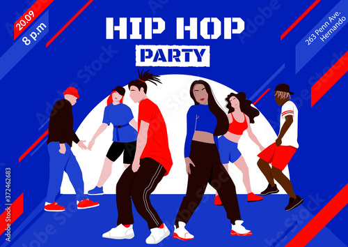 hip hop, hip-hop, rap music, culture, dance, dancer, class, street dance, choreography, community, hobby, interests, horizontal, girls, boys, vector, shake, action, motion, party, studio, illustration