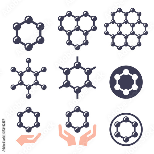 Carbone graphene structure vector color icons set - science concept, atoms