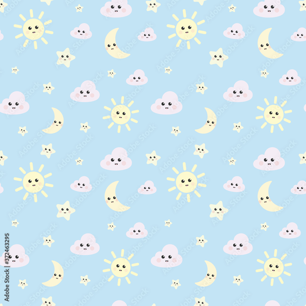 cute seamless repeat pattern design with sun, cloud and moon elements, sky pattern