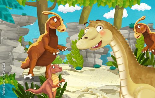 Fototapeta Naklejka Na Ścianę i Meble -  cartoon scene with dinosaur apatosaurus diplodocus with some other dinosaur in the jungle - illustration for children