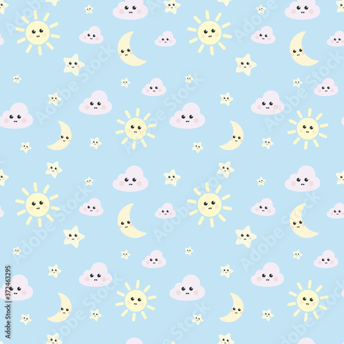 Fototapeta cute seamless repeat pattern design with sun, cloud and moon elements, sky pattern