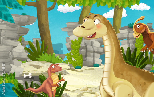 cartoon scene with dinosaur apatosaurus diplodocus in the jungle - illustration for children © honeyflavour