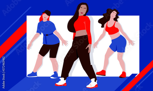 Female dancers rehearsing hip-hop dance or street dance style turfing, krump, jazz-funk choreography in dance class. Hip hop culture and rap music. Hobby and leisure. Dance competitions and battles.
