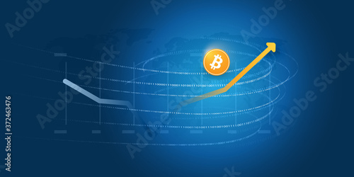 Success in Crypto Currency Investment - Bit Coin Concept Design with Flowing Data and Stats Diagram - Vector Illustration