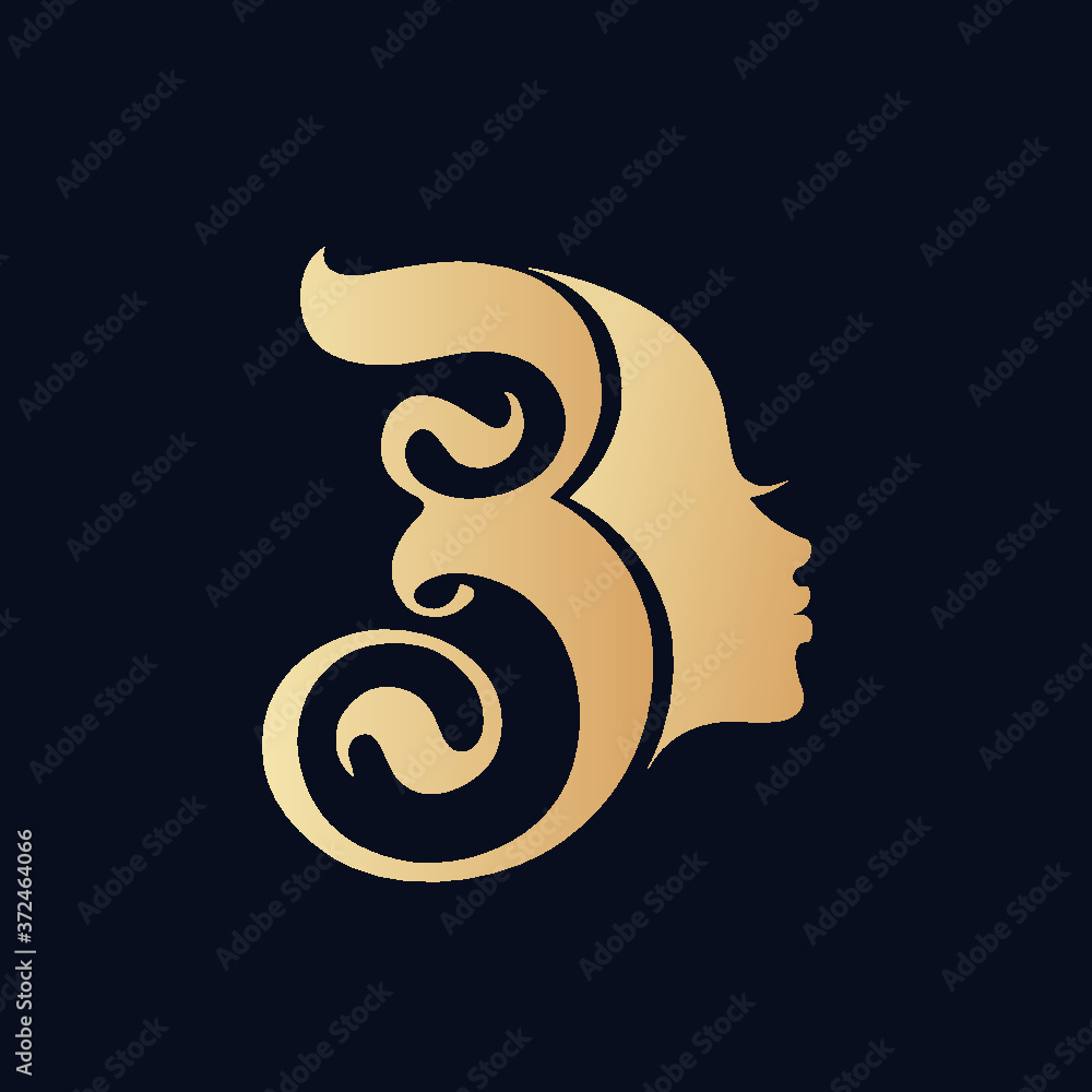 Letter B and woman portrait silhouette.Beauty salon, hairstyle, cosmetics and spa logo.Typographic icon isolated on dark fund.Decorative lettering sign with uppercase alphabet initial.Golden color. Letter B and woman portrait silhouette.Beauty salon, hairstyle, cosmetics and spa logo.Typographic icon isolated on dark fund.Decorative lettering sign with uppercase alphabet initial.Golden color.