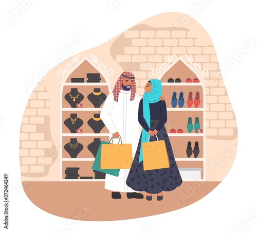 Happy muslim family couple shopping in women store, flat vector illustration. Arab man and woman wearing traditional arabic clothing with shopping bags in fashion boutique.