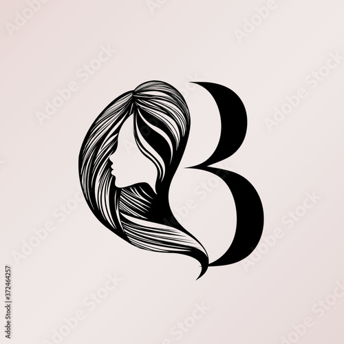 Letter B and woman portrait silhouette.Beauty salon, hair studio, cosmetics and spa logo.Typographic icon isolated on light background.Decorative lettering sign with uppercase alphabet initial.