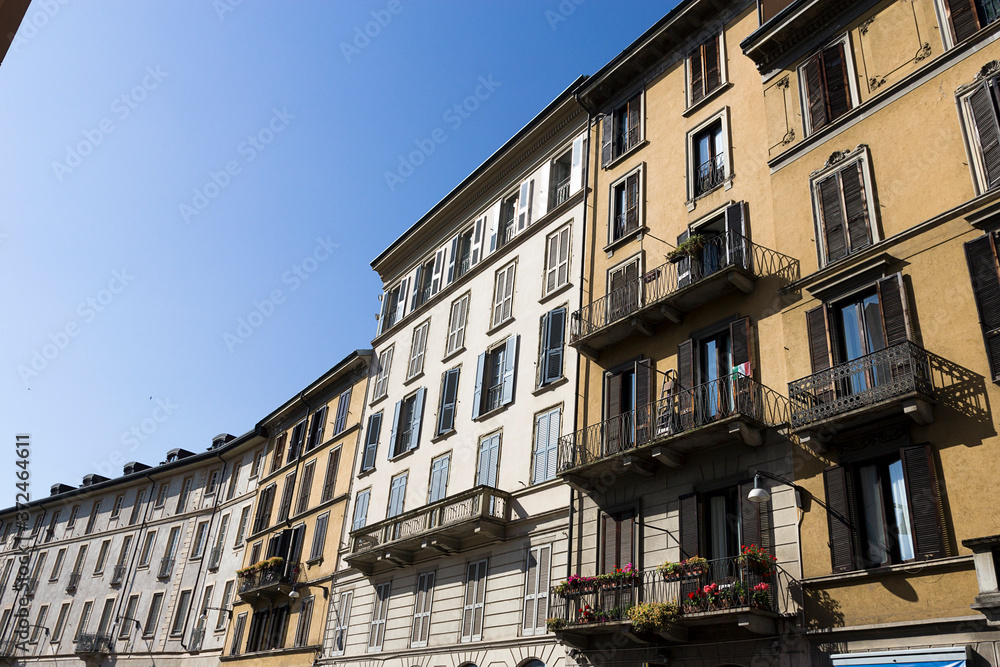 Milan, typical facades in Santo Stefano square near pedestrian area of University of Milan, Lombardy Italy
