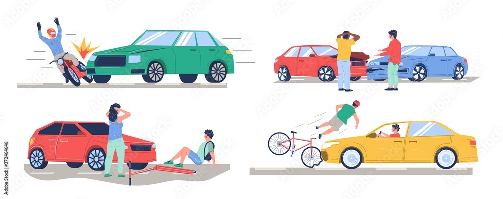 Road traffic accident set, vector flat isolated illustration. Car collision with bike, motorbike, pedestrian, another car. Auto accident, motor vehicle crash, injured cyclist, motorcyclist characters. - obrazy, fototapety, plakaty 