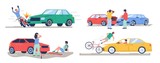 Road traffic accident set, vector flat isolated illustration. Car collision with bike, motorbike, pedestrian, another car. Auto accident, motor vehicle crash, injured cyclist, motorcyclist characters.