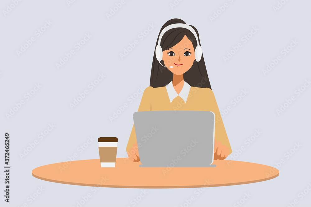 Call center or customer service of businessman character pose with a laptop and headset phone. Call center or customer service of businessman character pose with a laptop and headset phone.