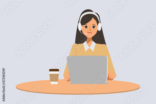 Call center or customer service of businessman character pose with a laptop and headset phone.	