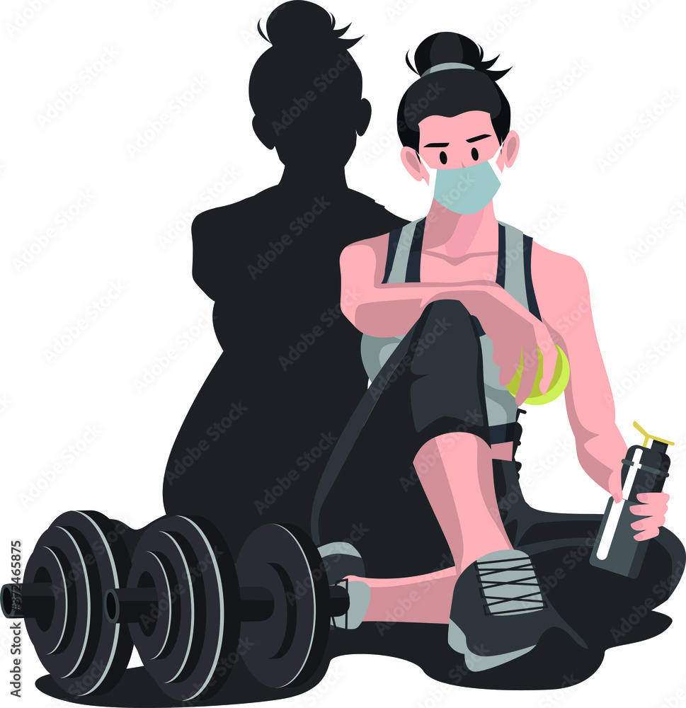 A woman with medical mask resting on the floor after fitness using barbell A woman with medical mask resting on the floor after fitness using barbell