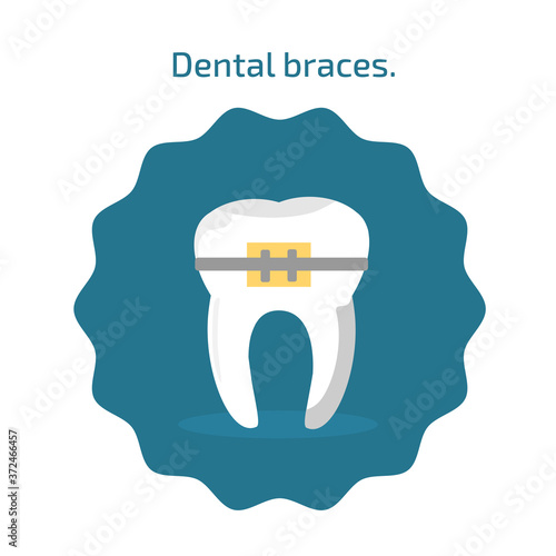 Tooth with dental braces icon in flat style isolated. Dental icons on blue background. Vector illustration for dentistry.