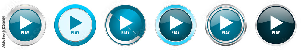 Play silver metallic chrome border icons in 6 options, set of web blue round buttons isolated on white background Play silver metallic chrome border icons in 6 options, set of web blue round buttons isolated on white background