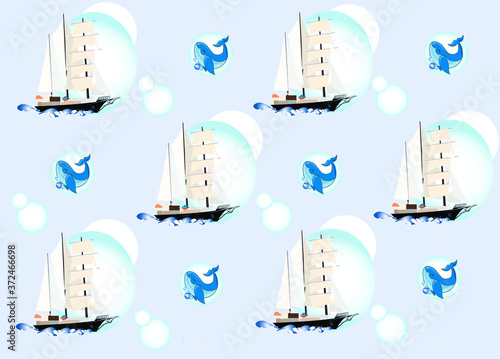 marine-themed pattern consists of sailboats, whales and soap bubbles