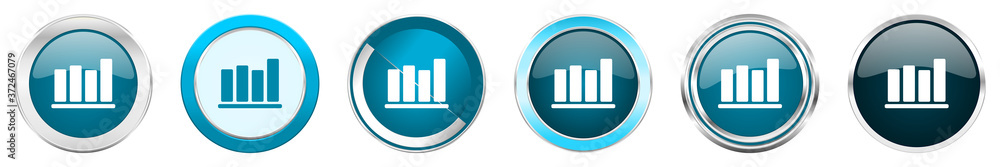 Bar chart silver metallic chrome border icons in 6 options, set of web blue round buttons isolated on white background. Bar chart silver metallic chrome border icons in 6 options, set of web blue round buttons isolated on white background.