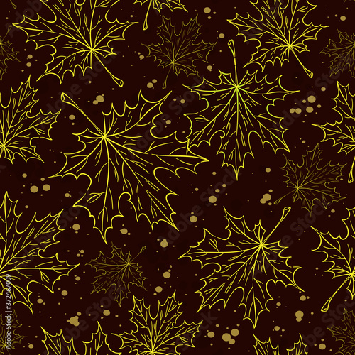 Seamless vector pattern with golden maple leaves on a dark brown background. Linear drawing. Autumn background.