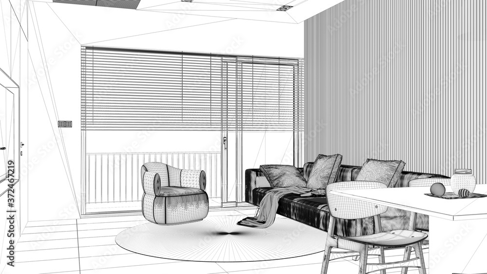 Blueprint project draft, modern living room, panoramic window, sofa and armchair with round carpet, dining table, island. Tiles floor, interior design Blueprint project draft, modern living room, panoramic window, sofa and armchair with round carpet, dining table, island. Tiles floor, interior design
