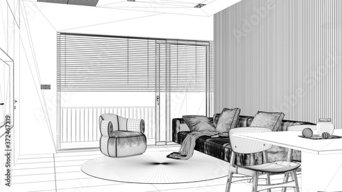Blueprint project draft  modern living room  panoramic window  sofa and armchair with round carpet  dining table  island. Tiles floor  interior design