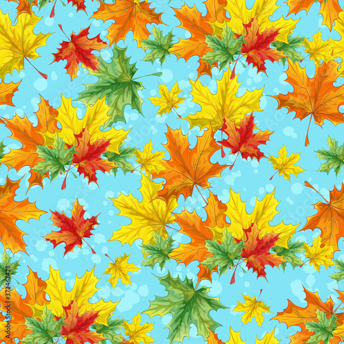 Seamless vector pattern with colorful maple leaves. Bright multicolored autumn background.