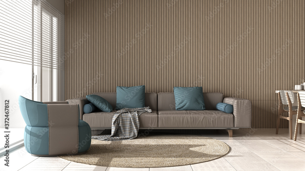 Modern living room in beige tones and wooden wall details, sofa with ...
