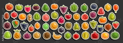 Vector set of fresh Fruits, group of cut out cartoon fruits and berries, various minimal design fruit tags for sweet drinks or ice cream, collection of vegan simple icons isolated on black background.
