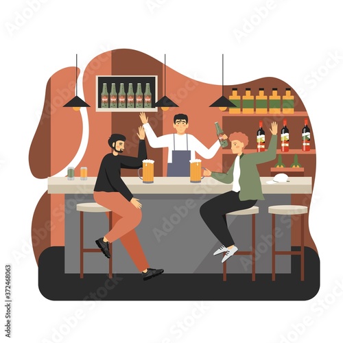 Two young men sitting at bar counter and drinking beer in cafe, pub, vector flat illustration