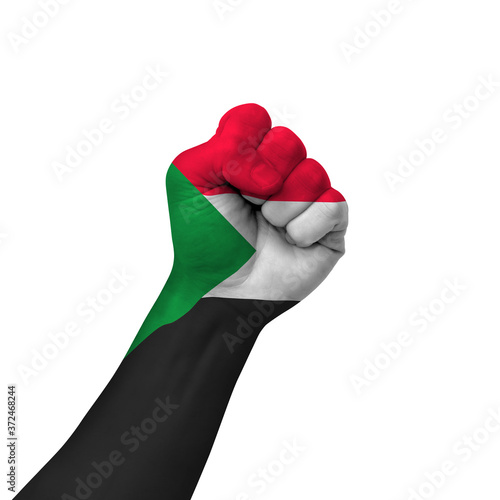 Hand making victory sign, sudan painted with flag as symbol of victory, resistance, fight, power, protest, success - isolated on white background