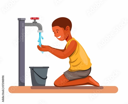 African boy happy drink water. help child from water crisis in africa symbol concept in cartoon illustration vector on white 