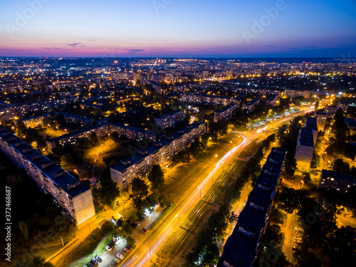 evening aerial view to street with cars, Kharkiv, Ukraine