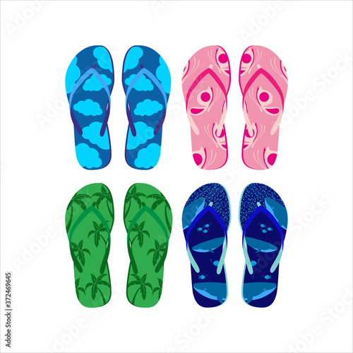Vector set with stylish and colorful summer flip flops