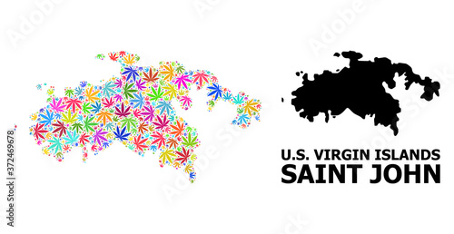 Vector Collage Map of Saint John Island of Psychedelic Hemp Leaves and Solid Map