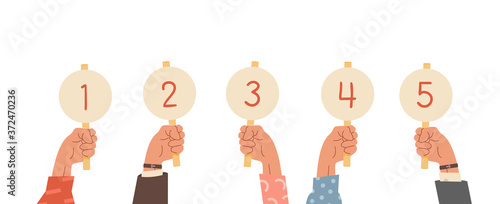 Group of raised human hands holding score cards. Businessmen and casual dressed sleeve with amount of scores got in competition, tournament or contest. Juries assessment on the competition. Vector.