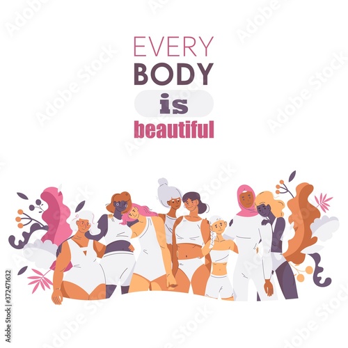 Every body is beautiful. Isolated on white feminism and self acceptance poster with various women in white swimsuits